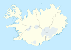 Mapa konturowa Islandii, na dole po lewej znajduje się punkt z opisem „Víkingsvöllur”