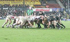 A rugby union scrum.