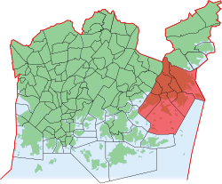 Kaupungin kartta, jossa Vuosaari korostettuna. Helsingin kaupunginosat