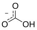 Skeletal formula of bicarbonate with the explicit hydrogen added