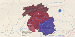 Map of the Principality of Darvaz from the 17th to 19th centuries. Modern borders are overlayed in red.