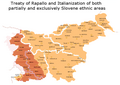 Image 28The annexed western quarter of Slovene ethnic territory, and approximately 327,000 out of the total population of 1.3 million Slovenes, were subjected to forced Fascist Italianization. On the map of present-day Slovenia with its traditional regions' boundaries. (from History of Slovenia)