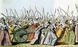 An engraving showing women armed with pikes and other weapons marching