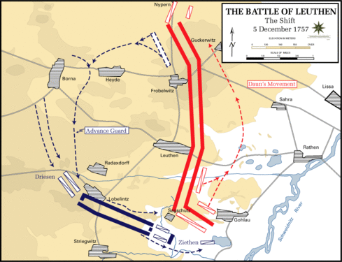 Map showing Prussian movement to the south of Leuthen, preparing to encircle the Austrians