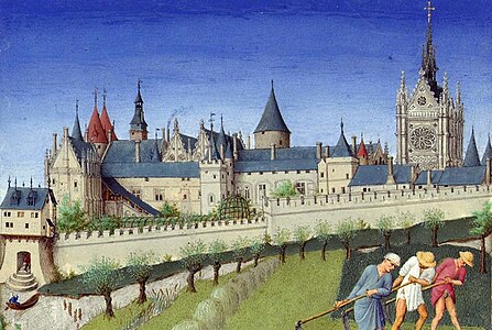 O Palais de la Cité em Paris, que incluía a residência real e a Sainte-Chapelle (manuscrito iluminado de 1412 a 1416)