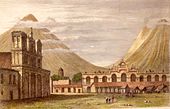 Pintura del parque central con la Parroquia de San José y cobertizos improvisados para las columnas derrumbadas del Palacio de los Capitanes Generales; 1840.