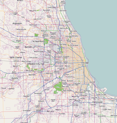 Mapa konturowa Chicago, na dole po prawej znajduje się punkt z opisem „Parafia św. Andrzeja Apostoła”