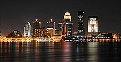 The Louisville downtown skyline at night, as viewed across the Ohio River from Southern Indiana