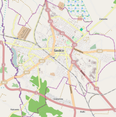 Mapa konturowa Siedlec, blisko centrum u góry znajduje się punkt z opisem „Katedra Niepokalanego Poczęcia NMP w Siedlcach”