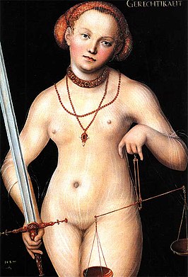 "Gerechtigheid als naakte vrouw met zwaard en weegschaal" van Lucas Cranach de Oude, rond 1537