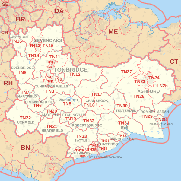 TN postcode area map, showing postcode districts, post towns and neighbouring postcode areas.