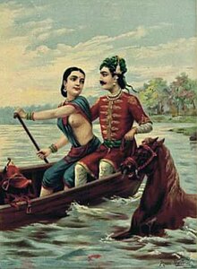 Pertemuan Satyawati dengan Santanu. Lukisan karya Raja Ravi Varma.