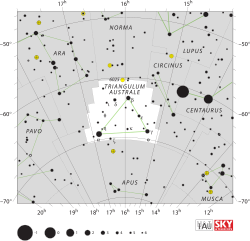 Diagram showing star positions and boundaries of the Triangulum Australe constellation and its surroundings