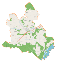 Mapa konturowa gminy Wolbórz, blisko centrum po prawej na dole znajduje się punkt z opisem „Młoszów”