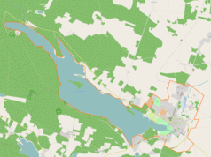 Mapa konturowa Sławy, blisko centrum na dole znajduje się owalna plamka nieco zaostrzona i wystająca na lewo w swoim dolnym rogu z opisem „Jezioro Sławskie”