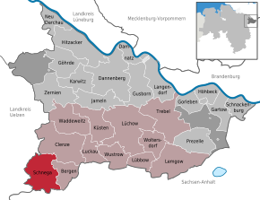 Poziția Schnega pe harta districtului Lüchow-Dannenberg