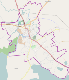 Mapa konturowa Węgorzewa, po lewej nieco u góry znajduje się punkt z opisem „Węgorzewo”