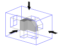 The same image, with views of the object projected in the direction of sight onto walls using first-angle projection