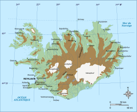 Carte des Hautes Terres d'Islande (en marron) incluant les glaciers (en blanc).