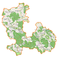 Mapa konturowa powiatu wałbrzyskiego, blisko centrum na lewo znajduje się punkt z opisem „Kuźnice Świdnickie”