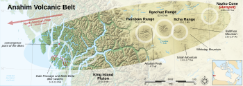 Map showing the location of an east-west trending zone of related volcanoes extending from the British Columbia Coast to the interior.