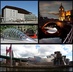 Clockwise from top: Panorama from mount Artxanda, church of San Antón, Bilbao Guggenheim Museum, Fosterito, and Euskalduna Palace