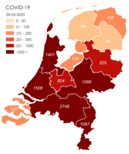 Provincies in Nederland waar het virus vastgesteld is (peildatum 28 maart 2020, 10.00 uur)