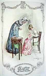 Illustration. Une femme se penche sur les travaux d'aiguille d'une jeune fille