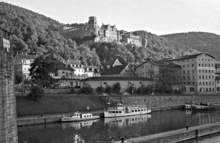 Photographie noir et blanc de Heidelberg avec vue sur le Neckar et le château.