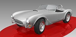 An artists rendering of the first AC Cobra, with the 260in³ engine. Note the narrower track and smaller wheelarches with flattened lips