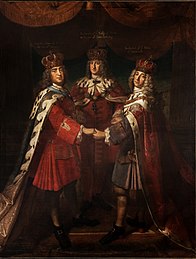 Dreikönigstreffen: Friedrich I. in Preußen (Mitte), August II. (der Starke), Kurfürst von Sachsen und zeitweilig König von Polen (links), Friedrich IV. von Dänemark (rechts), Gemälde von Samuel Theodor Gericke