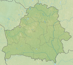 Mapa konturowa Białorusi, blisko centrum na prawo u góry znajduje się punkt z opisem „źródło”, natomiast u góry nieco na prawo znajduje się punkt z opisem „ujście”