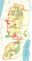 Image 16The Gaza–Israel barrier route built (red), under construction (pink) and proposed (white), as of June 2011[update] (from History of Israel)