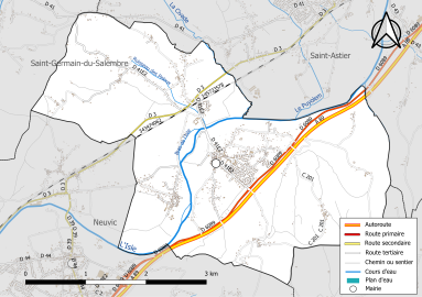 Carte en couleur présentant le réseau hydrographique de la commune