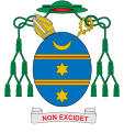 Coat of arms of Francis de Sales, bishop of Geneva displayed on an oval shield with both mitre and galero above, and motto below