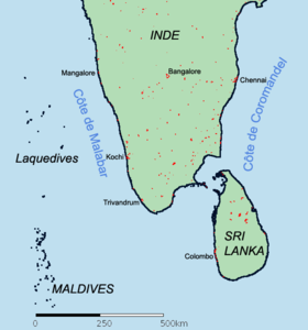 Carte de deux des grandes côtes de l'Inde, la côte de Coromandel à droite.