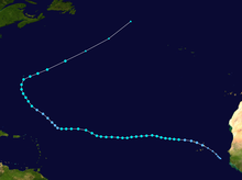 A track map of Tropical Storm Karl throughout mid- to late September