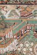 Example of Tang dynasty decorative motifs on architecture, from mural of Mogao Caves.