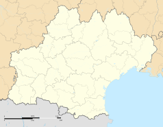 Mapa konturowa Oksytanii, u góry nieco na lewo znajduje się punkt z opisem „Montlauzun”