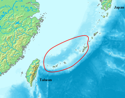 Öarna tillhörande Okinawa prefektur mellan Kyushu och Taiwan markerade.