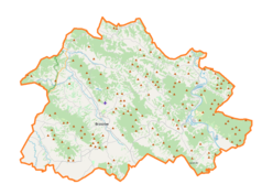 Mapa konturowa powiatu brzozowskiego, po lewej nieco na dole znajduje się punkt z opisem „Cisy w Malinówce”