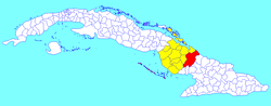 Guáimaro municipality (red) within Camagüey Province (yellow) and Cuba