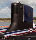 Large state flag at the commissioning ceremony for the USS Indiana submarine in Port Canaveral, Florida.