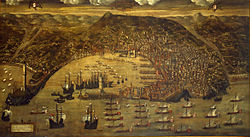 View of Genoa and its fleet by Christoforo de Grassi (1597 copy, after a drawing of 1481); Galata Museo del Mare, Genoa.