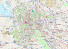 Mapa konturowa Rzymu, blisko centrum na lewo znajduje się punkt z opisem „plac Campo de’ Fiori”