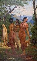 Shakuntala, wife of Dushyanta and the mother of Emperor Bharata, from Kalidasa's play Abhijñānaśākuntala, wearing a sari, painting by Raja Ravi Varma.