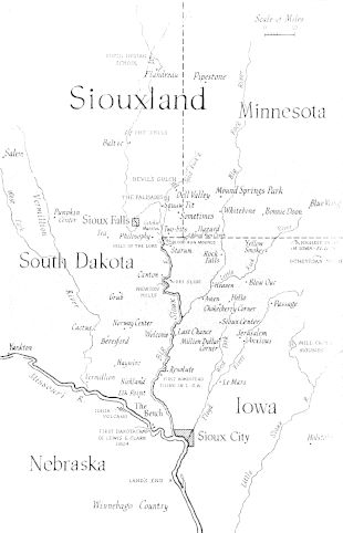 Map of Siouxland from the endpapers of the novel "This Is the Year" by Feike Feikema (Frederick Manfred), who defined "this area where state lines have not been important" and coined the name in 1946