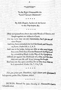 A document with the title "A Letter to the Right Honourable the Lord Viscount Molesworth" and containing several Biblical excerpts. It has the same signature and printer as before.