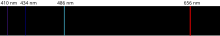 A line spectrum showing black background with narrow lines superimposed on it: one violet, one blue, one cyan, and one red.