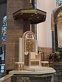 Restored cathedra with the coat of arms of Cardinal Jose Advincula in April 2023